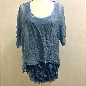 Scandal Italy Silk Layered Blouse Blue Top with Ruffles One Size EUC